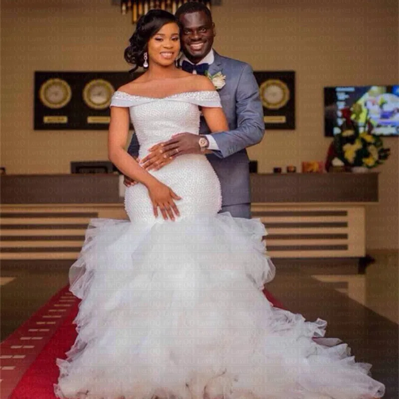 

Amazing Off Shoulder African Mermaid Wedding Dresses Customize Wedding Gown
