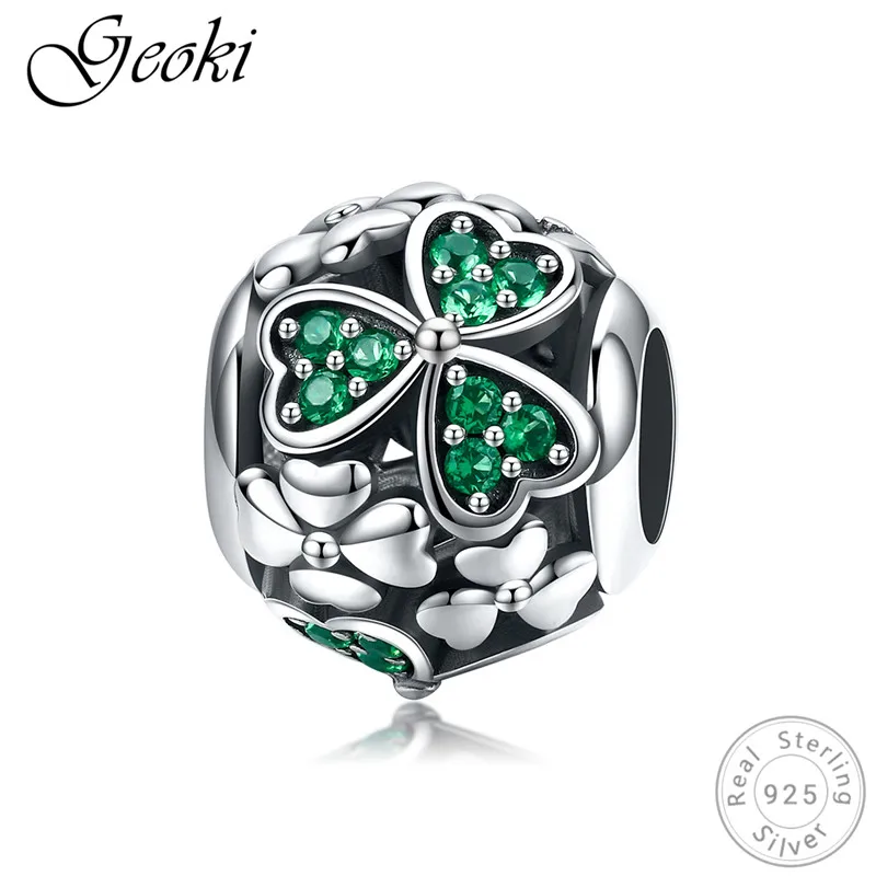 Geoki стерлингового серебра 925 зеленый цирконий Клевер Подвески fit оригинальная Pandora браслет Удачи цветок из бисера Цепочки и ожерелья подвеска