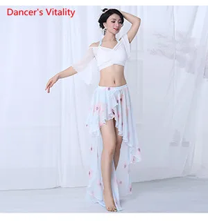 white top blue skirt Лето шифон сексуальные женщины восточные танцы практика одежда танец живота костюм белый топ+ длинная юбка 2 шт - Цвет: white top blue skirt