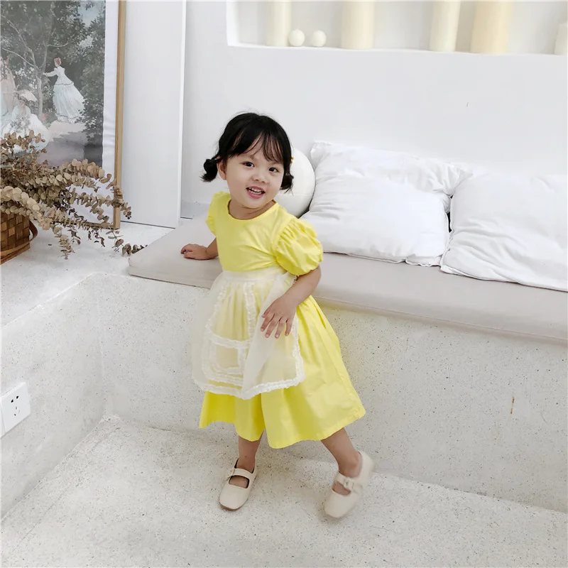 Korean style baby girls fashion solid color puff sleeve princess dress with mesh apron 1-6 years kids all-match long dresses | Детская