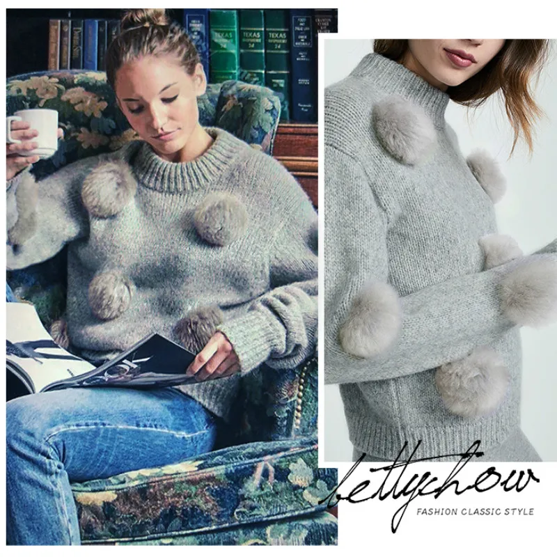Women's 3D Faux Fox Fur Hair Balls Sweater Gray O-Neck Long Sleeved Pullovers Knitted Shirts Jumpers Short Crop Tops | Женская