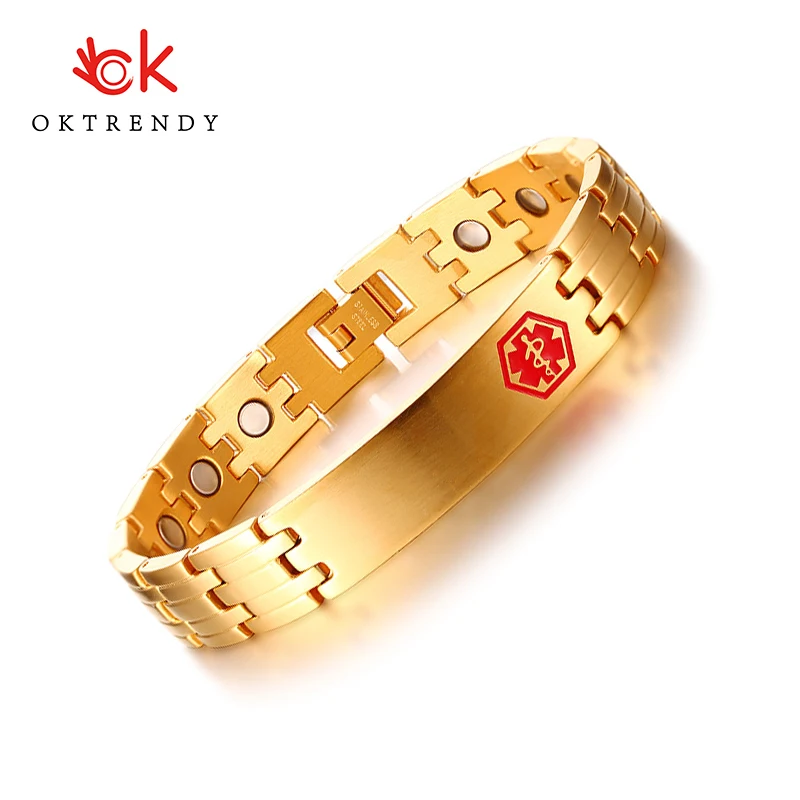 

Oktrendy Health Care Magnetic Energy Stainless Steel Male Jewelry Free Engraving 12mm Medical Alert ID Bracelet for Men Bangle