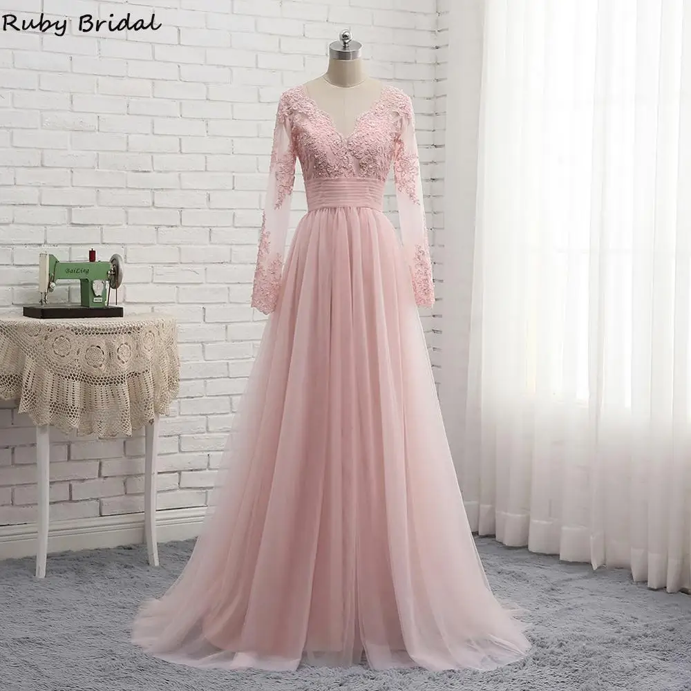 Женское длинное вечернее платье розовое ТРАПЕЦИЕВИДНОЕ ПЛАТЬЕ с длинными