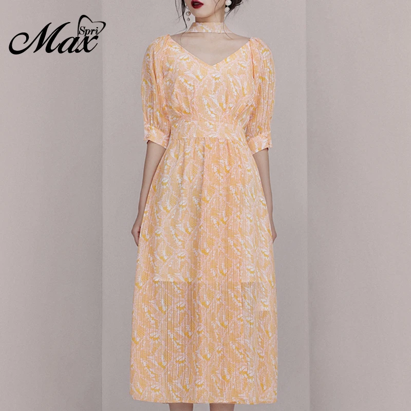 Женское платье с коротким рукавом Max Spri желтое Повседневное принтом V-образным