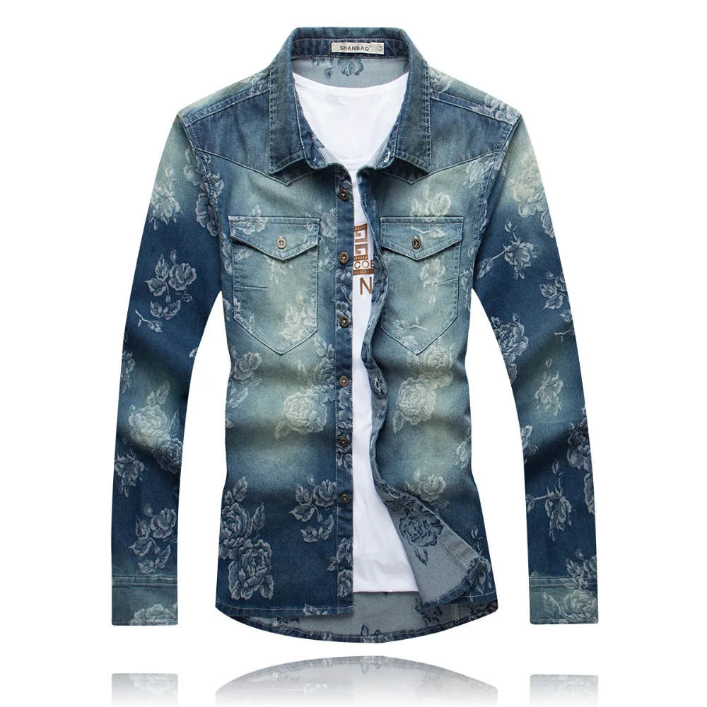

Nice New Men Clothes Shirt Brand Long Sleeve Denim Shirt Men Spring Casual Slim Fit Turn Down Collar Floral Jeans Shirts Mens