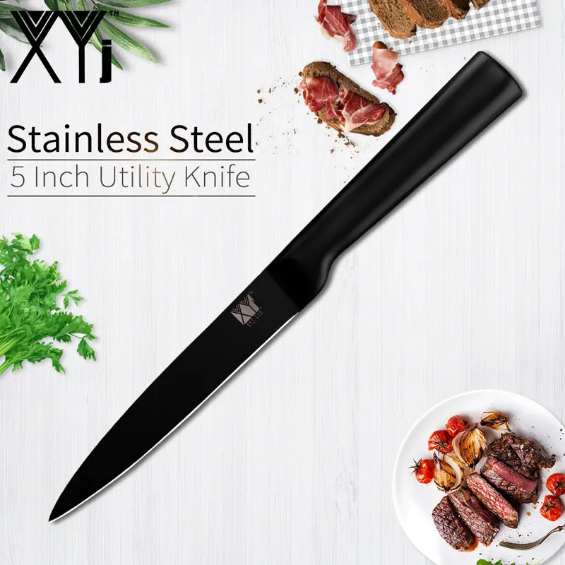 5inch Utility Knife XYj набор кухонных ножей из нержавеющей стали, высокое качество, острый черный 4 шт., набор кухонных ножей с 8 дюймовым точилкой для ножей - Цвет: 5inch Utility Knife