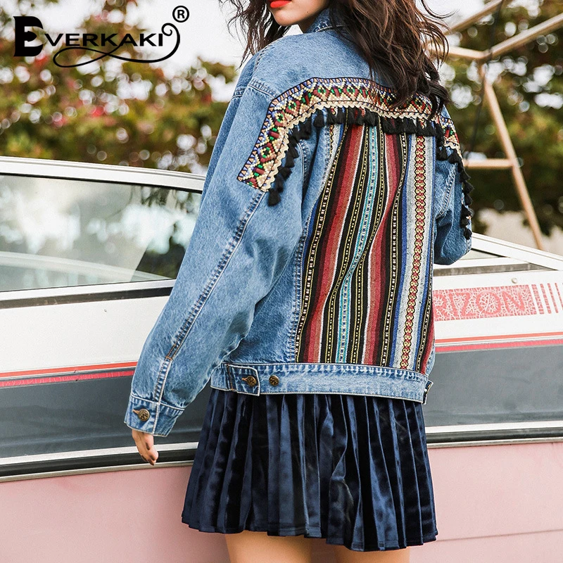Everkaki Boho джинсовые куртки с вышивкой и кисточками женские пальто карманами