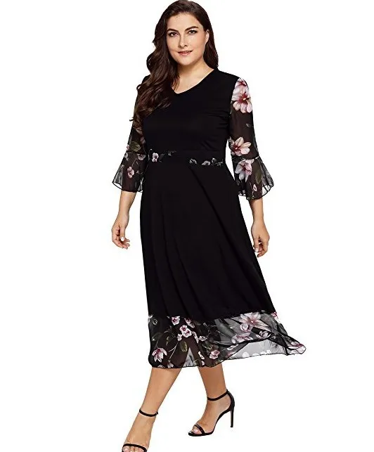 

TUHAO Autumn Plus Size 5XL 4XL Women Black Vintage Print Ruffle Dresses Office Lady Loose Patchwork Female Dress LM32