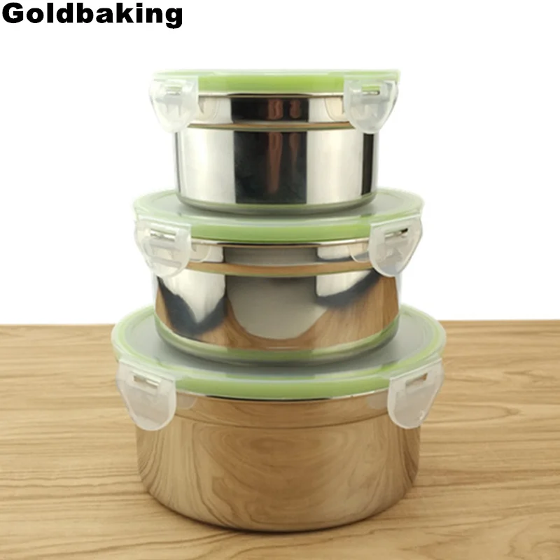 Goldbaking круглый Коробки для обедов Нержавеющая сталь бенто ланч бокс комплект из 3