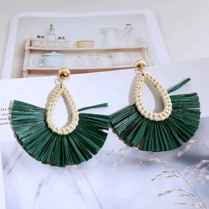 Модные женские плетеные висячие серьги из ротанга ручной работы в форме капли