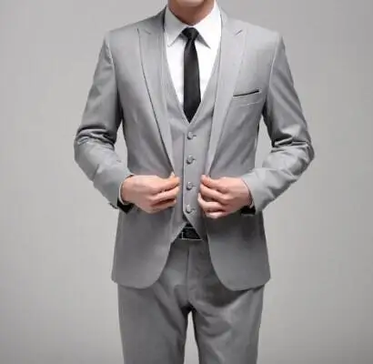 Men Wedding Suits With Pants Custom Grooms Mens Tuxedos gray Slim Fit Peak Lapel One Button ( jacket+Pants+vest+tie)