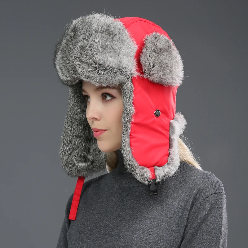 Men Real Rabbit Fur Bomber Hats Women Winter Warm Ushanka Russian Snow Hat with Earmuffs Trapper Cap Earflap | Аксессуары для