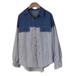 Женская джинсовая рубашка, Повседневная Свободная блузка в полоску, с отложным воротником, длинными рукавами, в стиле пэчворк, осень 2017