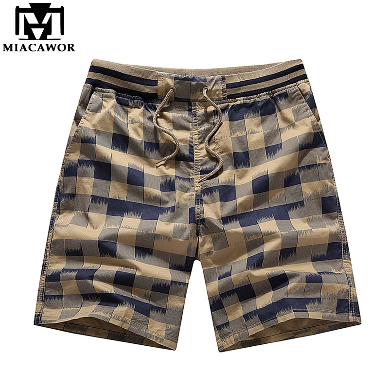 

Мужские шорты MIACAWOR, из 100% хлопка, с эластичной линией талии, клетчатые шорты, пляжные шорты, K803, для лета