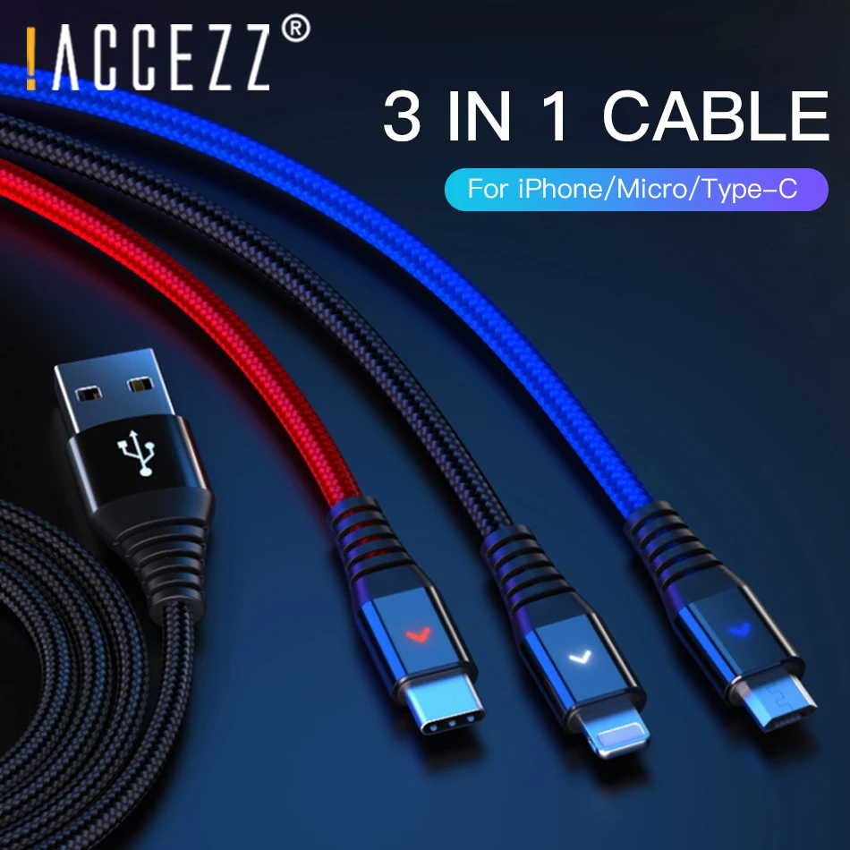 ! Зарядный кабель ACCEZZ 3 в 1 Micro USB Type-C для iPhone 7 8 Plus X XS XR Android Samsung S8 передачи данных |