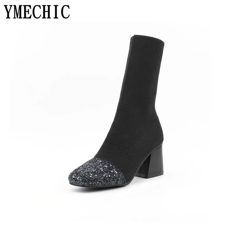 Женские Стрейчевые сапоги YMECHIC вязаные до середины икры в европейском стиле для