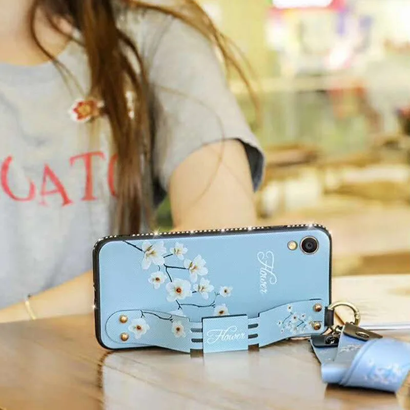 Sunjolly роскошный чехол с ремешком подставка Rhinstone синяя Роза для телефона coque iPhone X XS