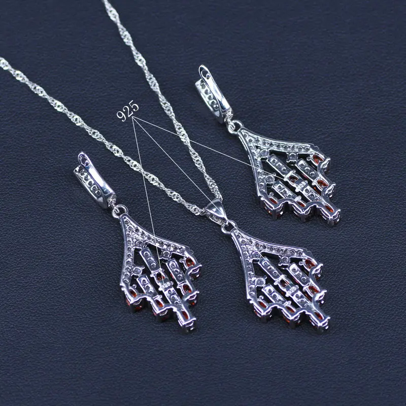 Red Created Garnet White Zircon Princess Wedding Jewelry Set Silver Color Women Earrings Necklace Pendant Best Present | Украшения и