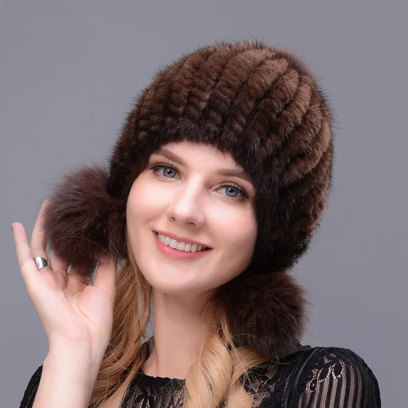 Winter Hot Sale Real Mink Fur Hat For Women Knitted Mink Fur Ear Warm Cap The Spiral Beanies Cap With Fox Fur Pompom On The Top