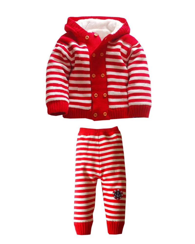 

Boys Girls 2 PCS Winter Hooded Double Breasted Coat & Long Pant Set Thicken Warm Fleece Cotton Knit Cardigan Sweater Trousers