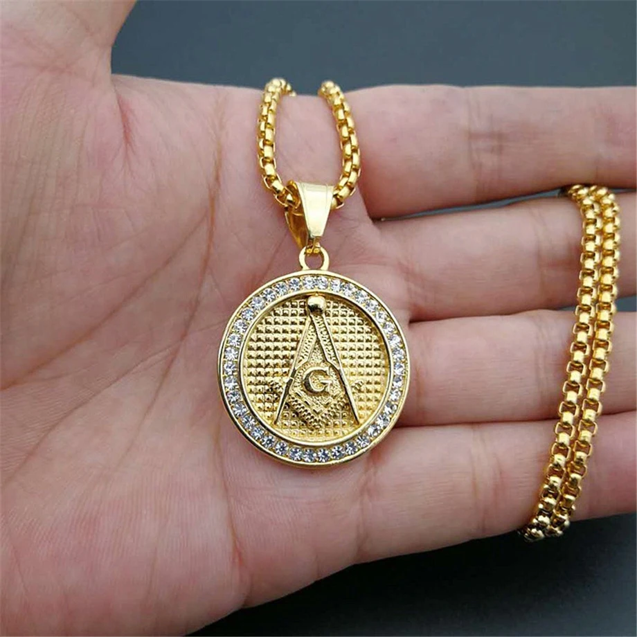 

Iced Out Round Masonic Necklace & Pendant With Stainless Steel Chain Gold Color Bling Cubic Zircon Men's Hip hop Jewelry For Gif