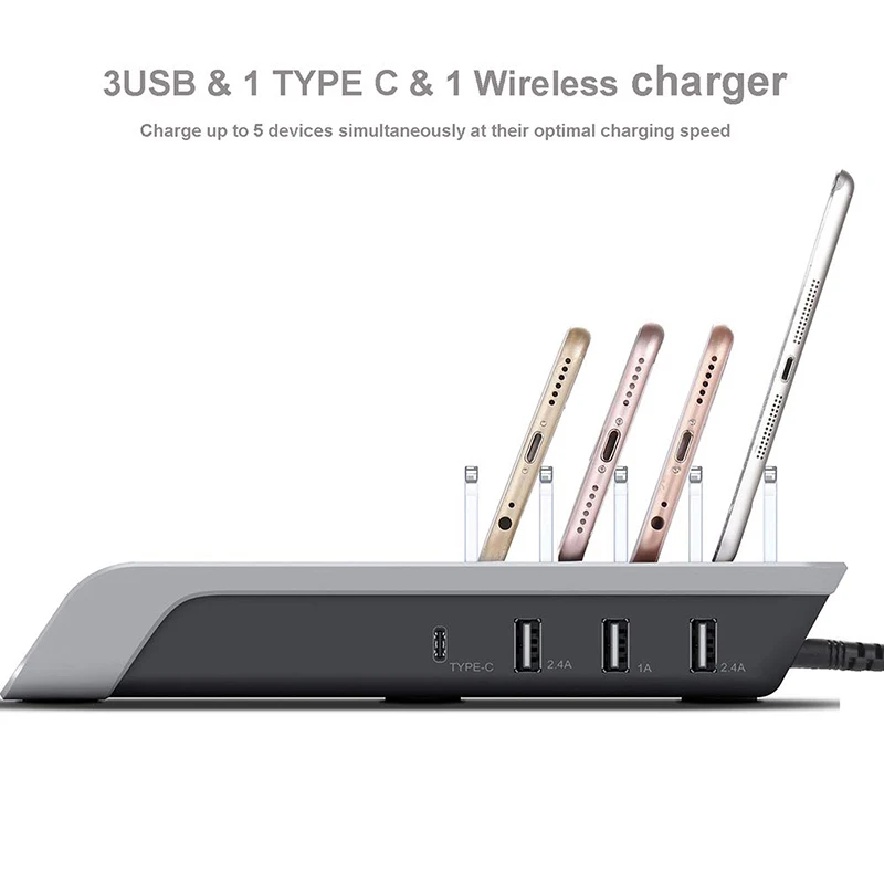 USB Charging Station 5-in-1 Multiple Charger Dock Organizer Stand with QI Wireless Pad for Phones/Tablets/Cameras | Мобильные