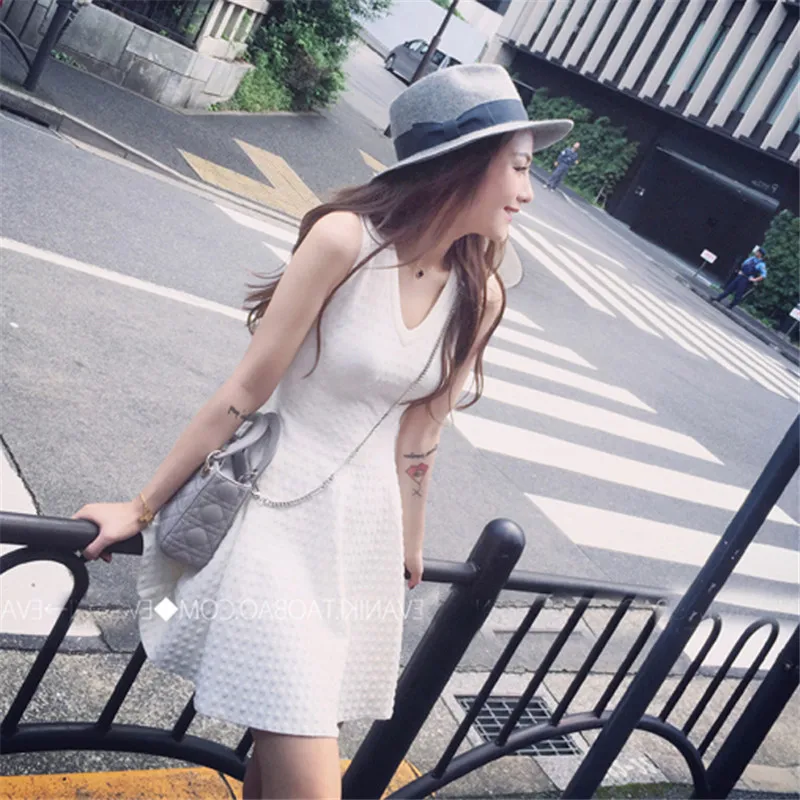 UHYTGF Summer Dress Women New 2019 Fashion A-line Short white Cute Party Sleeveless V neck Casual knitting Dresses64 | Женская одежда
