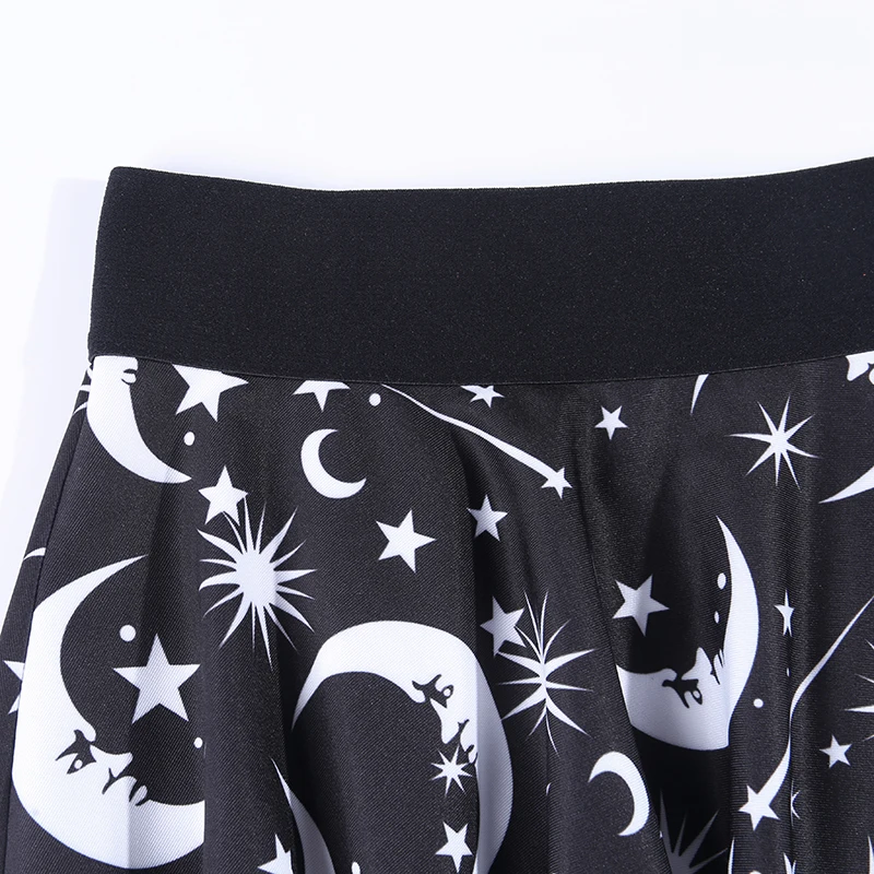 InstaHot Star Moon Printed Skirts High Waist Gothic Stretchy Pleated Skirt Harajuku Casual Punk Mini Black Skirts Summer Fashion