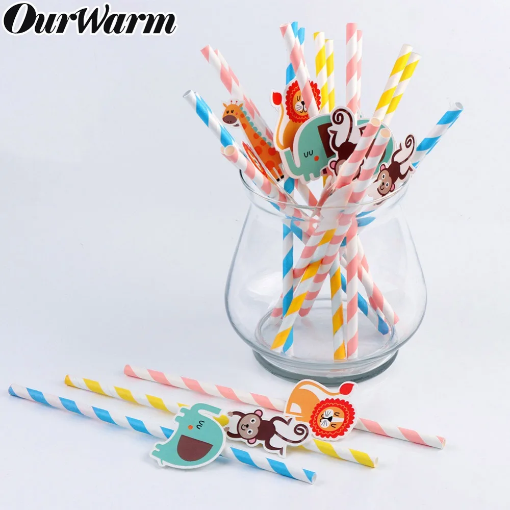 OurWarm 25 шт. вечерние соломинки в джунглях, с животными, в лесном стиле, для детского душа, Мультяшные бумажные соломинки для питья, сафари, украшения для дня рождения