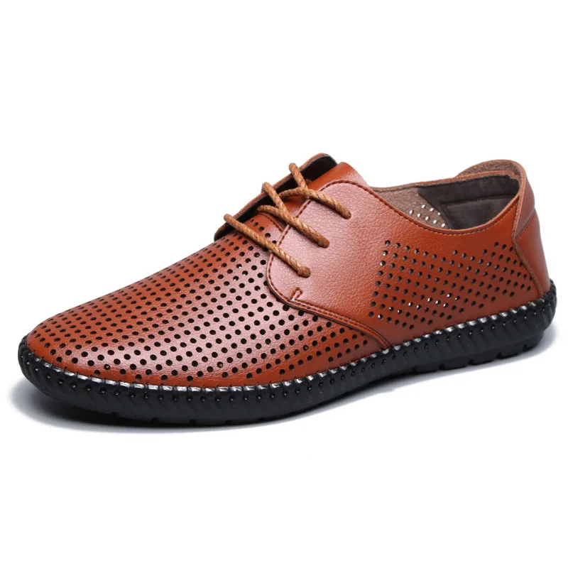 

New Summer Shoes Men Leather Footwear Breathable Holes Shoes Soft Leather Mens Casual Shoes Summer Male Footwear Black A1492