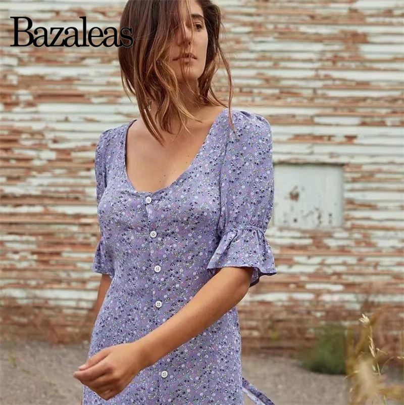 Короткий рукав клеш для женщин платья фиолетовый цветочный принт миди vestidos