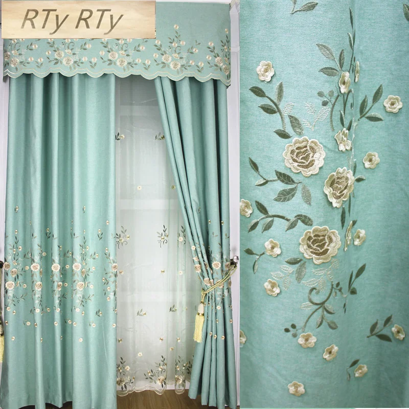 

luxury embroidered curtains finished custom for living room high quality pink blue curtains for bedroom Window Treatments