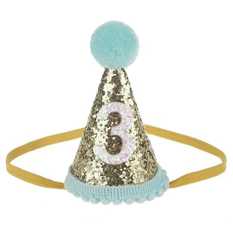 Blue 3 Cute Shiny 1/2/3 Boys Girls Birthday Hats With Hairball Caps Baby Shower Birthday Party Cake Caps Party Photo Props - Цвет: Blue 3