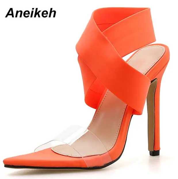 Orange Aneikeh/Новинка года; босоножки из искусственной кожи; женские прозрачные туфли без застежки на тонком высоком каблуке; свадебные туфли с острым носком; цвет оранжевый; Размеры 35-42 - Цвет: Orange