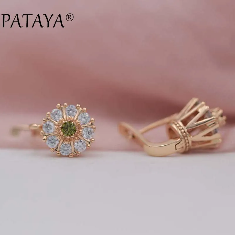 olive green PATAYA, Новое поступление, свадебные серьги 585, розовое золото, зеленый цвет, натуральный циркон, лотос, висячие серьги для женщин, свадебные романтические ювелирные изделия, разные цвета - Окраска металла: olive green
