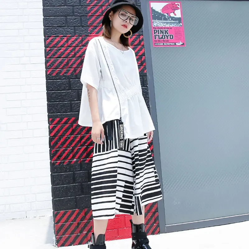 [XITAO] Spring Summer 2019 Women New Arrival Casual Loose Fashion Patchwork Print Striped Calf-length Wide Leg Pants XJ1017 | Женская