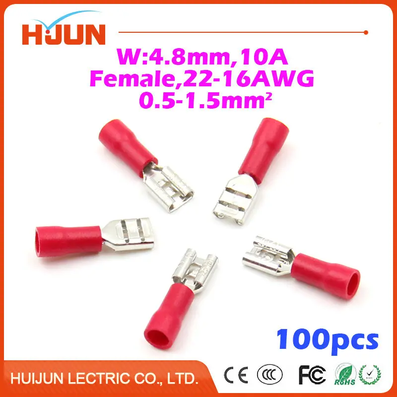 

100pcs/lot 4.8 plug Blue Female Quick Disconnect Cable Wire Splice Insulation Terminal Connector 22-16AWG 0.5-1.5mm2 FDD1.25-187