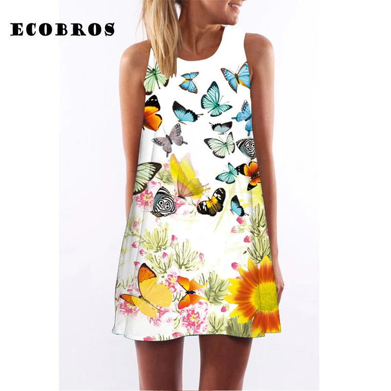 Женское платье без рукавов ECOBROS повседневное свободное выше колена с принтом