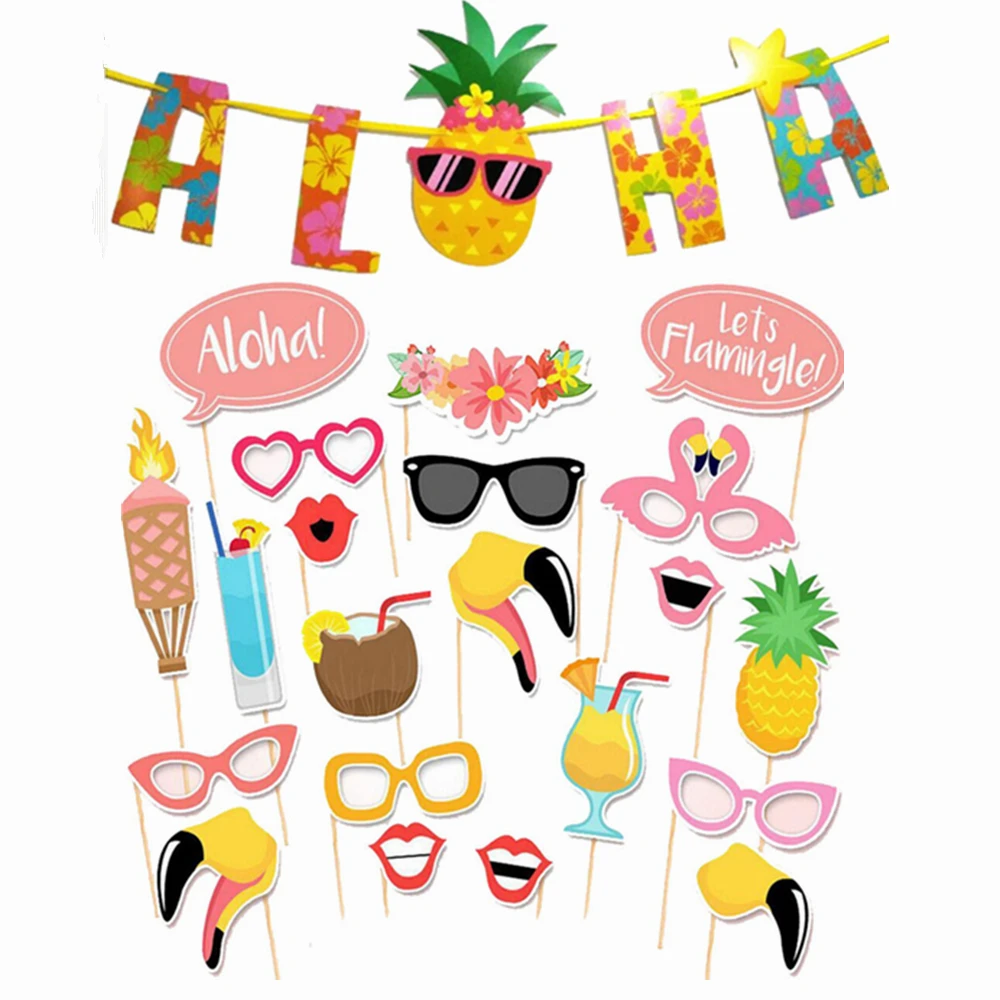 Aloha Flamingo Wedding Birthday Party Photo Booth Props Set on A Stick and Banner Bunting Garland Supplies | Дом и сад