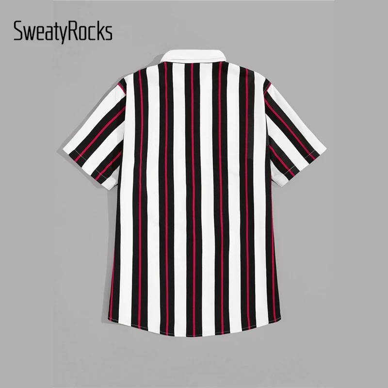 SweatyRocks мужская полосатая рубашка с принтом на пуговицах рубашки в уличном стиле модная планка топ летняя повседневная мужская рубашка с коротким рукавом