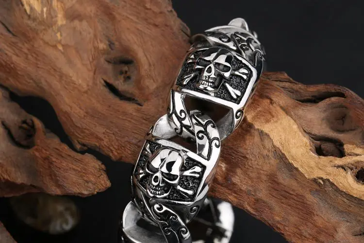 26mm Heavy Punk Rock Cool Gothic Men's Biker Jewelry Skull Skeleton Link Bracelet Vintage 316L Stainless steel Bangle | Украшения и