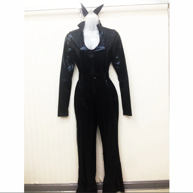 Новинка 2018 сексуальный костюм кошки длинный рукав черный комбинезон кожаная