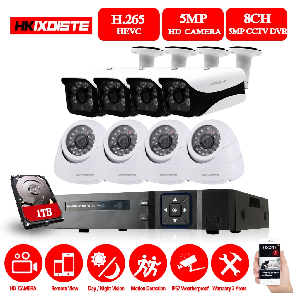 HKIXDISTE 5MP CCTV система 8CH DVR комплект 8 шт. камера металлическая Водонепроницаемая