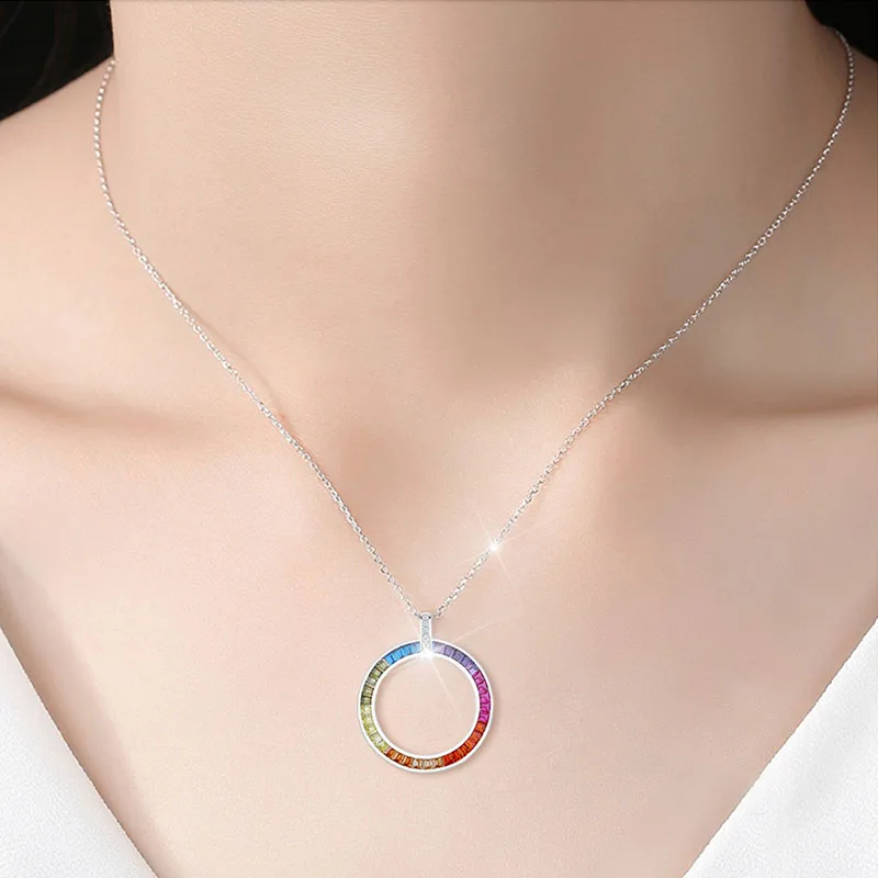 

Big Circle Rainbow Cubic Zircon Pendants For Women European Colorful Party Jewelry 925-Sterling-Silver Pendants Necklace