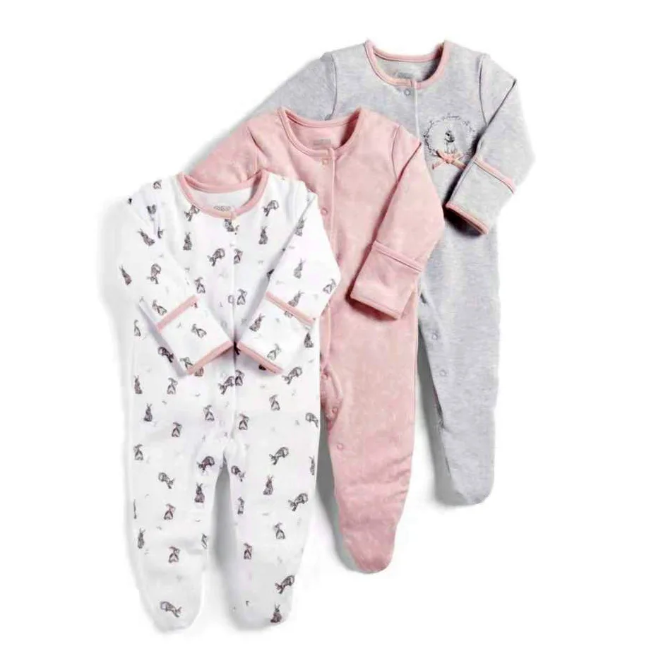 Детские пижамы из хлопка для новорожденных bebe одежда 3 шт Одежда для девочек единорожки Пижама для младенцев Одежда для мальчиков комбинезон для малышей - Цвет: Gray pink bunny