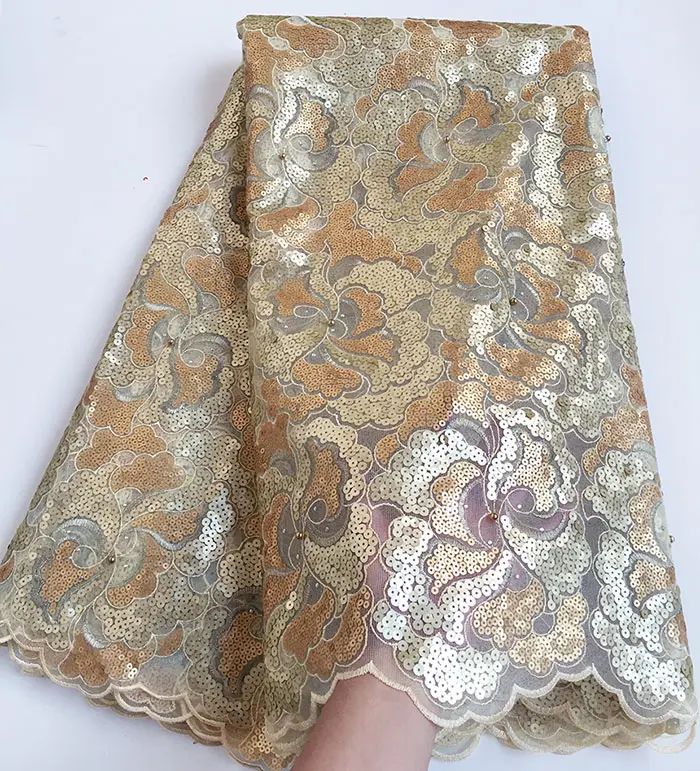 Gold Массивное блестящее Африканское французское кружево, для шитья тюль ткань чистая кружево 5 ярдов 6241 уникальный высокого качества - Цвет: Gold