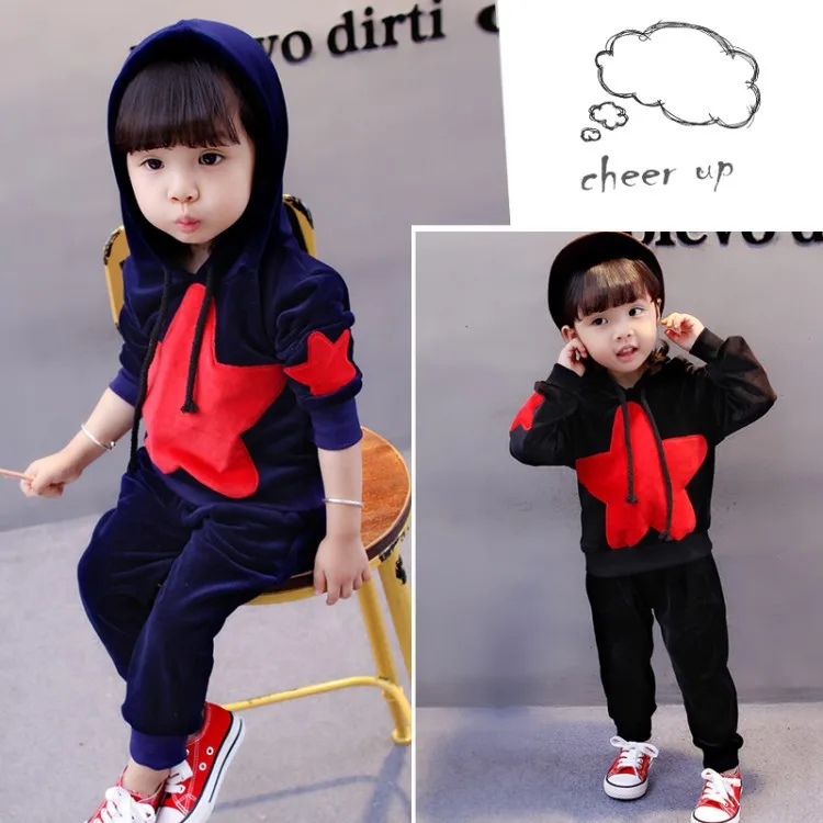 

Children Girl Boy winter velvet thickening Clothing Set Kids Baby Star hooded Pants 2pcs fashion casual suits