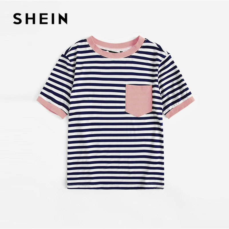 SHEIN, женская летняя полосатая футболка с круглым вырезом и накладным карманом размера плюс