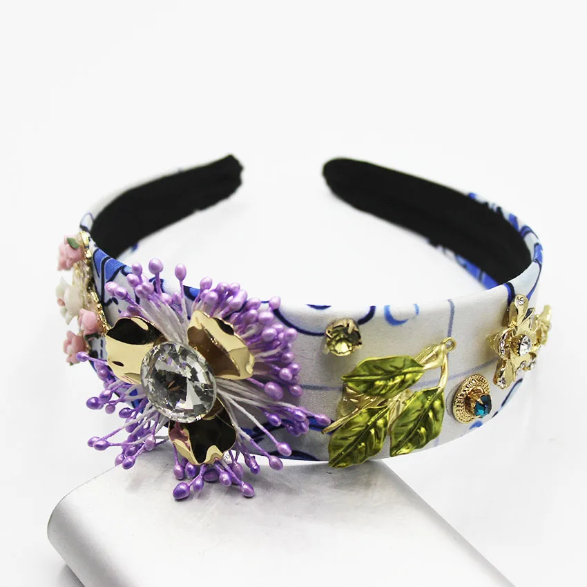 Crystal Hairbands Baroque Crown Retro Cross Purple Pearl Flower Wide Headband Leaves Bridal Headdress Hair Jewelry Accessories | Украшения