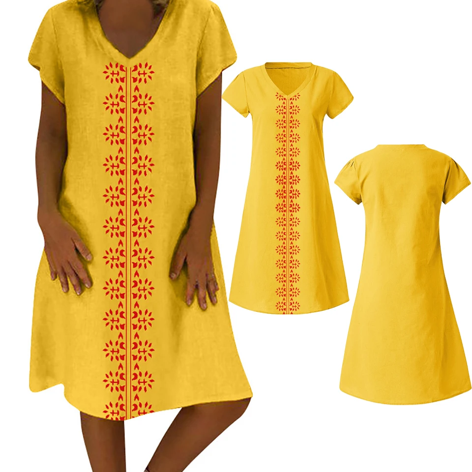 Леди Лняной Платья Стиль Бохо Богемский Этничный Принт Одежда Повседневный V